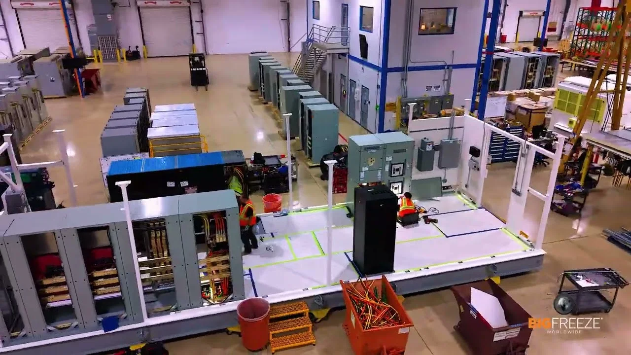 Big Freeze drone reel video thumbnail showing aerial coverage inside a production facility